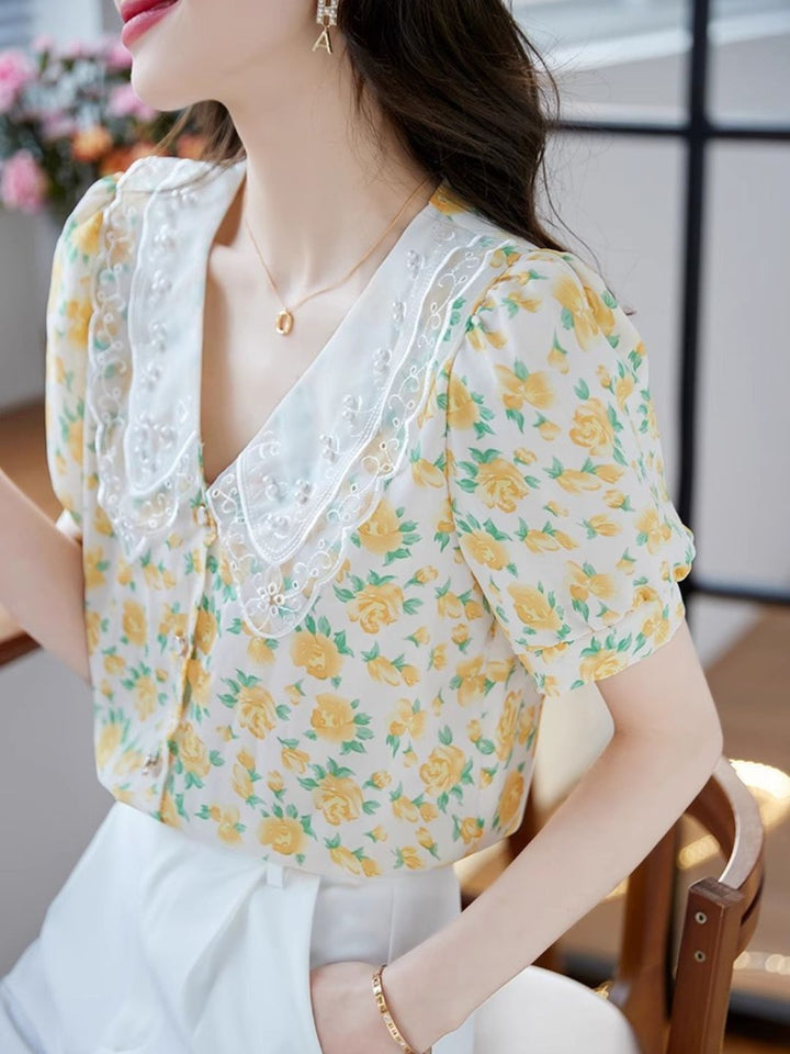 Classic Floral Printed Beaded Chiffon Shirt -Blue