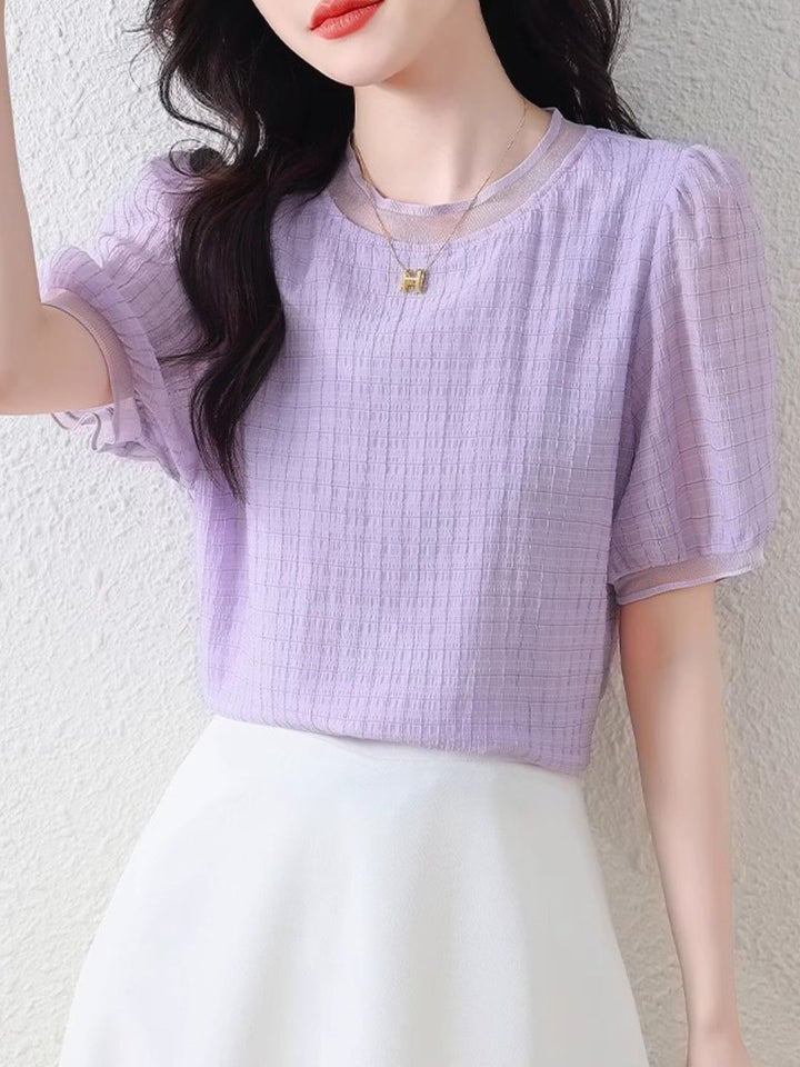 Round Neck Plaid Chiffon Shirt
