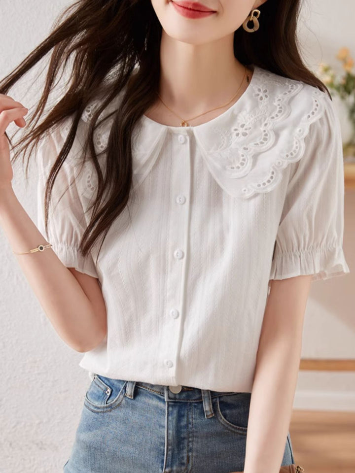 French Lace Double Collar Puff Sleeve Shirt