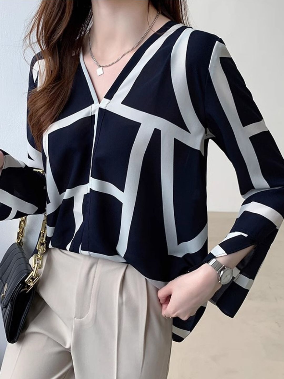 V-neck Fashionable Chiffon Shirt - Apricot