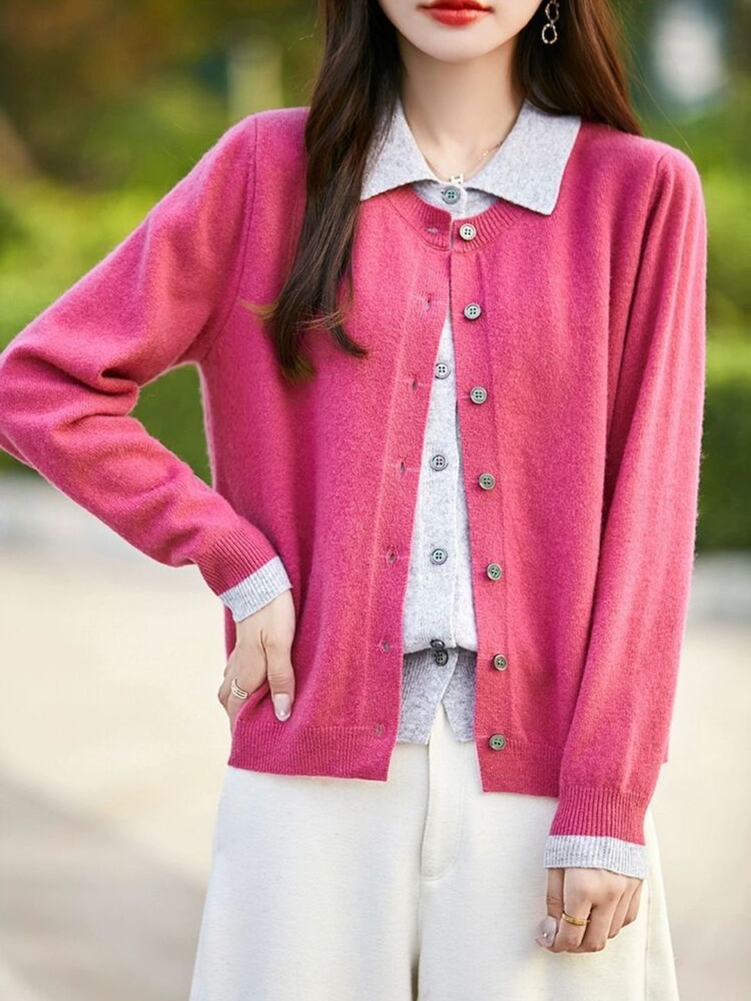 Casual Lapel Colorblock Knit Cardigan Set - Red