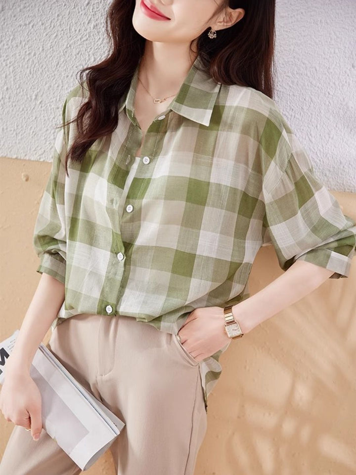 Plaid Chiffon Long Sleeve Shirt - Green