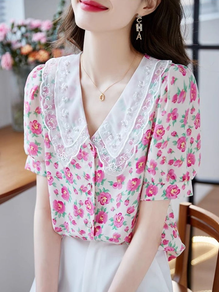 Classic Floral Printed Beaded Chiffon Shirt -Blue