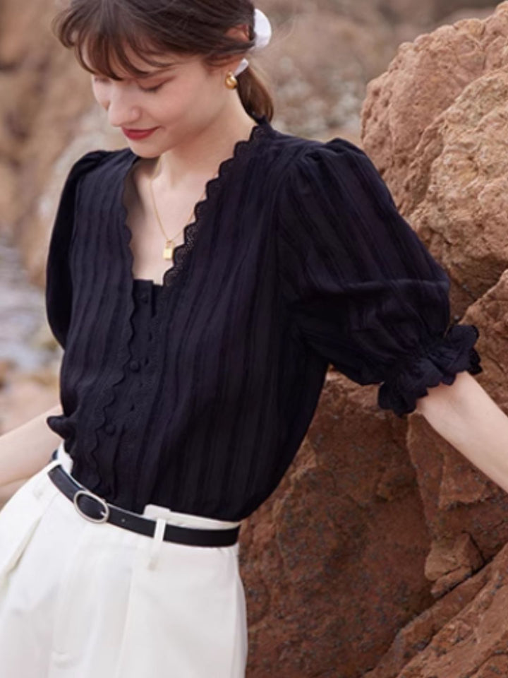Lace V-neck Short-sleeved Shirt-Black