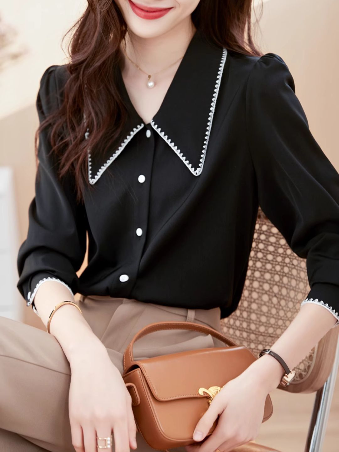 Lapel Chiffon Shirt - Black