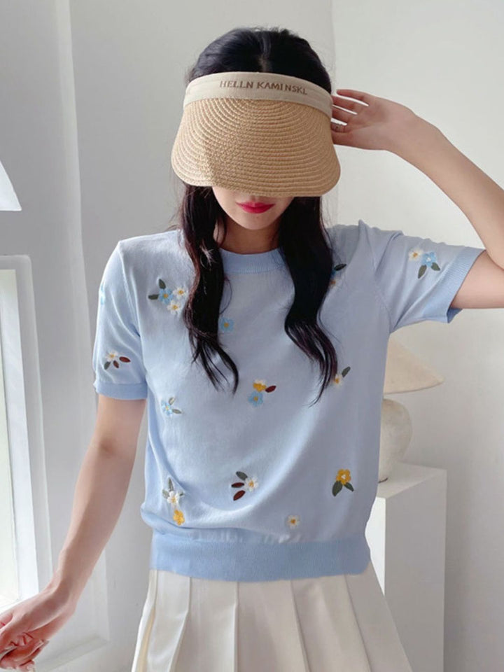 Crew Neck Embroidered Knitted Short Sleeves - Blue