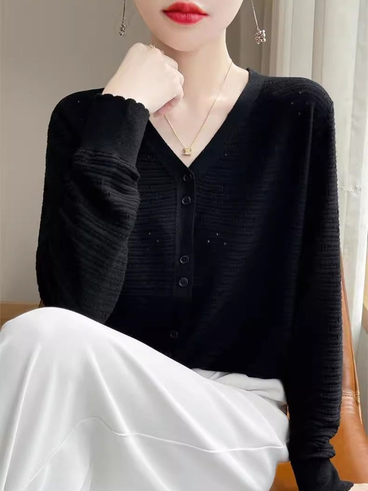 Long Sleeve V-Neck Top Hollow Knit Cardigan - Pink
