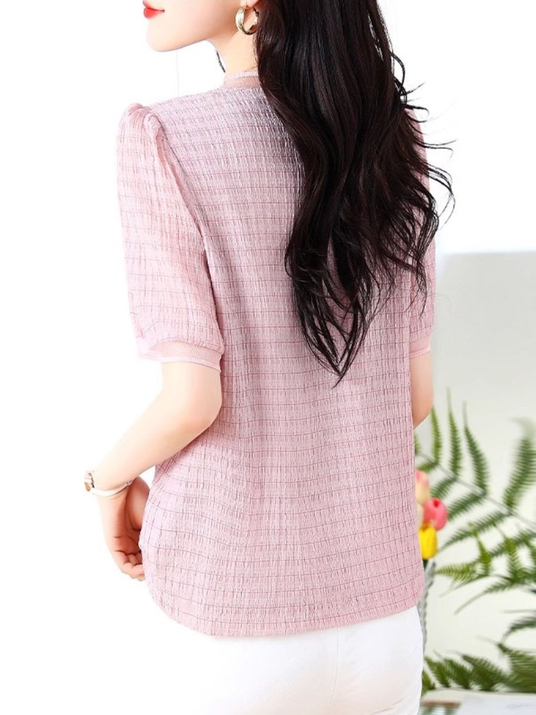 Round Neck Plaid Chiffon Shirt