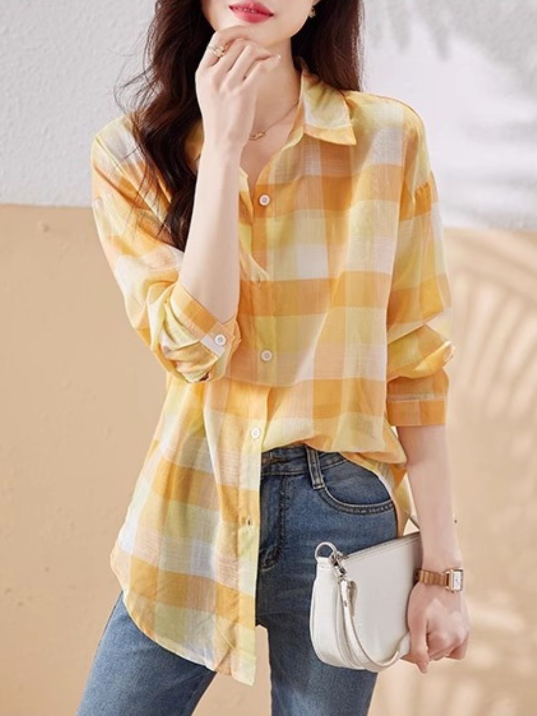 Plaid Chiffon Long Sleeve Shirt - Green