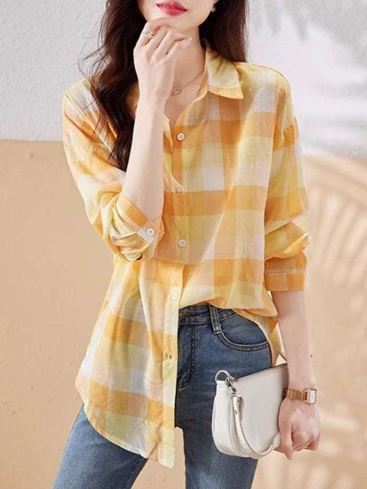 Plaid Chiffon Long Sleeve Shirt - Green