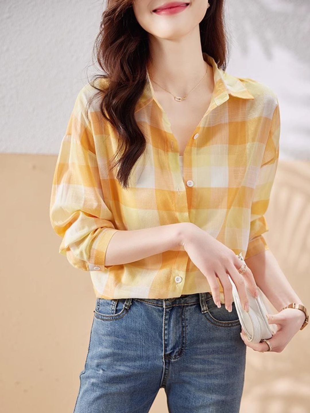 Plaid Chiffon Long Sleeve Shirt - Green