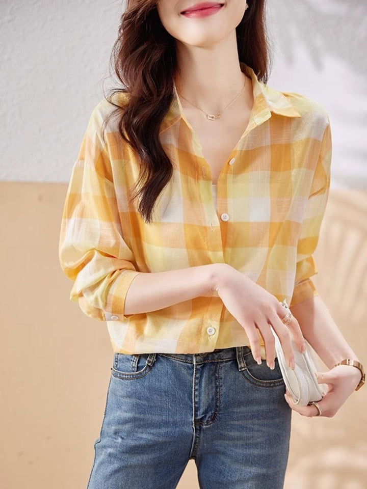 Plaid Chiffon Long Sleeve Shirt - Green