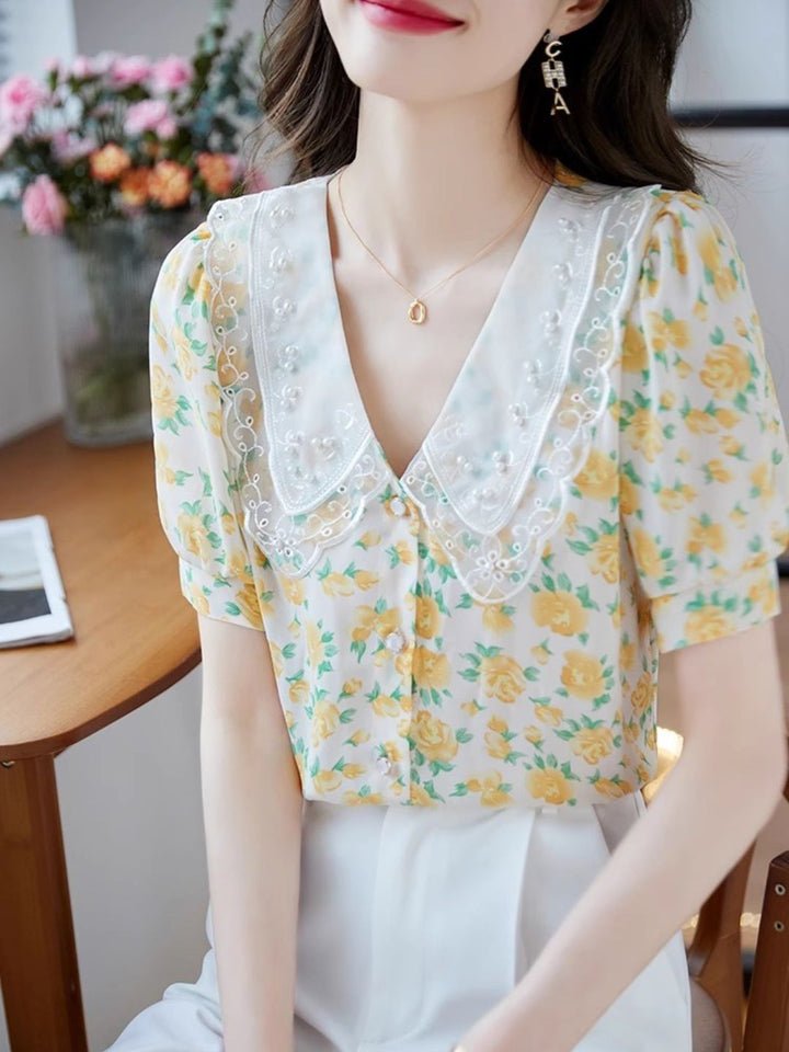 Classic Floral Printed Beaded Chiffon Shirt -Blue