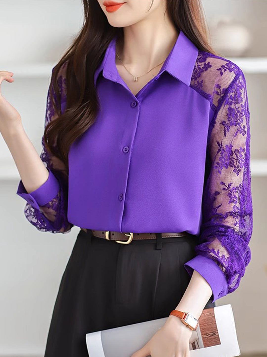 Lace Loose Lapel Chiffon Shirt - Red