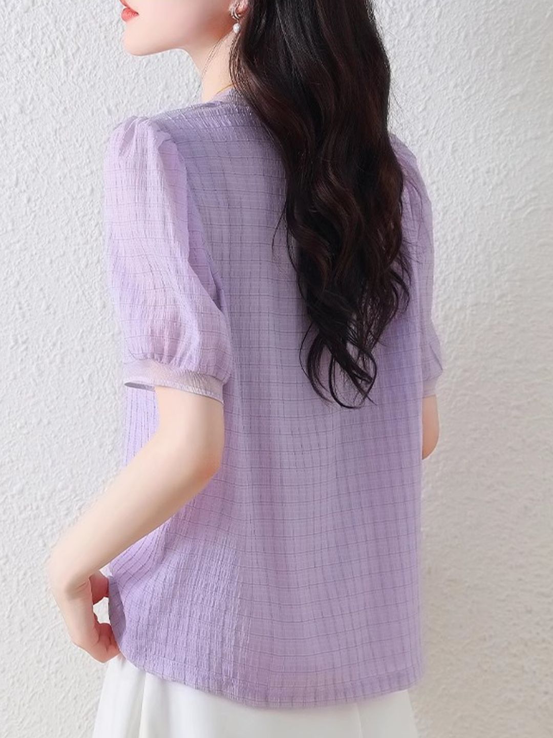 Round Neck Plaid Chiffon Shirt