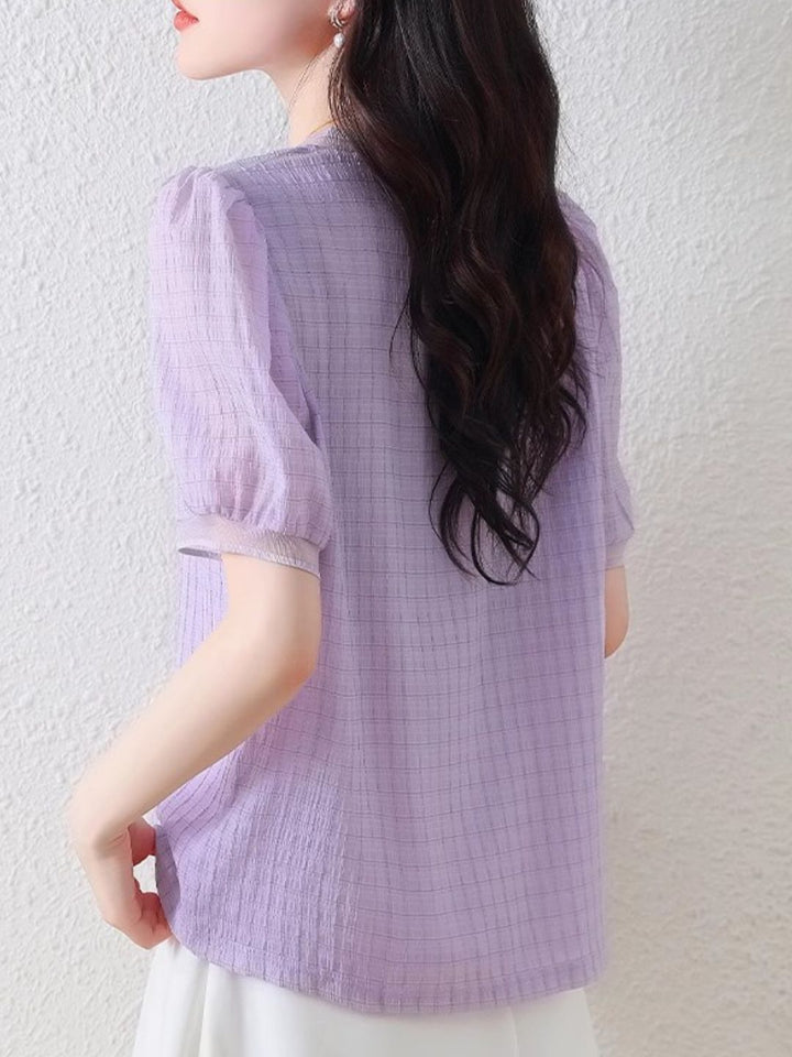 Round Neck Plaid Chiffon Shirt