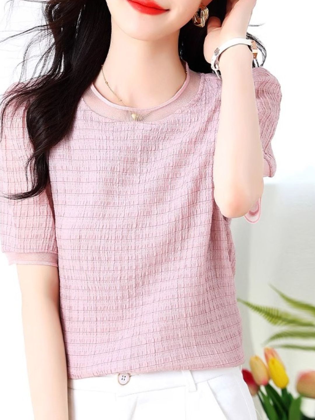Round Neck Plaid Chiffon Shirt