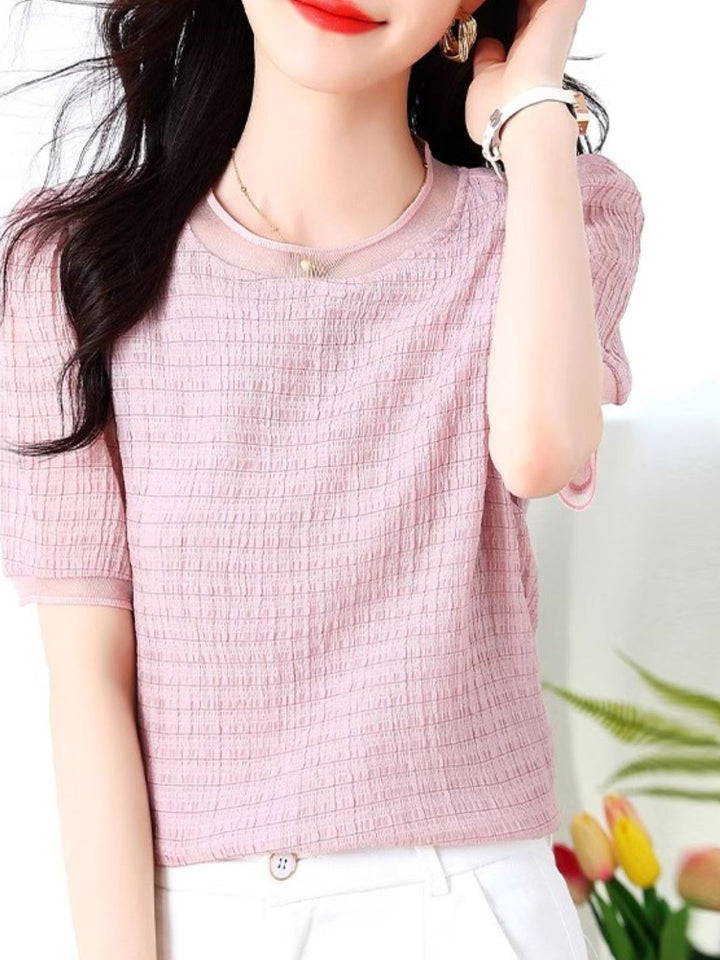 Round Neck Plaid Chiffon Shirt