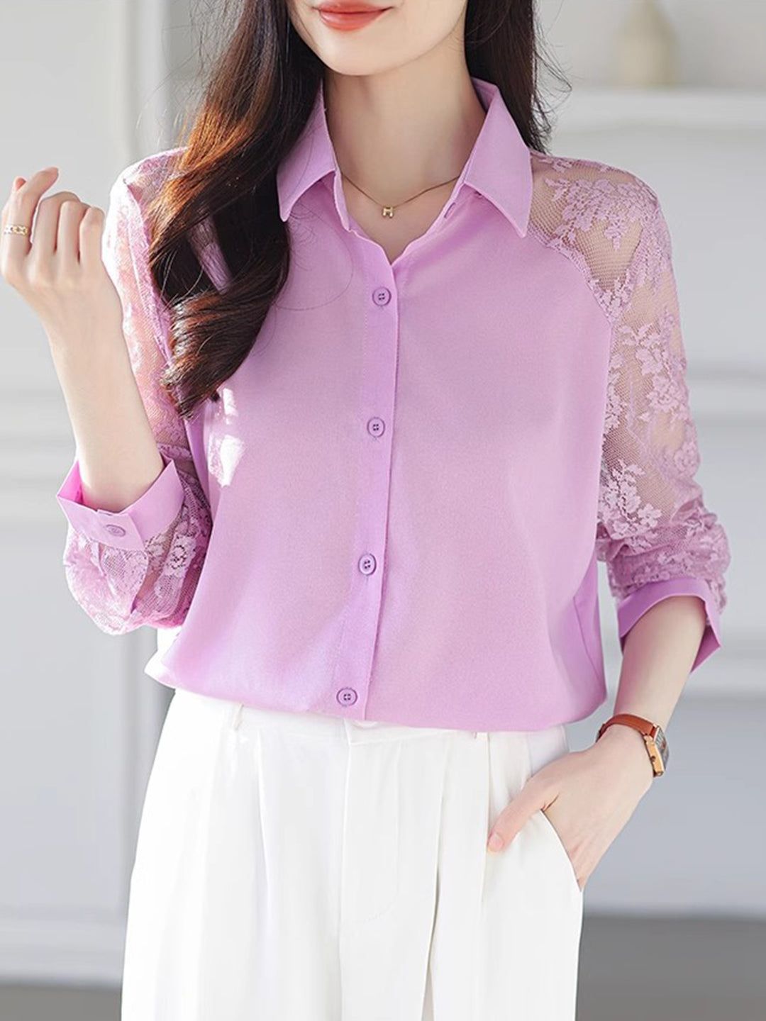 Lace Loose Lapel Chiffon Shirt - Red