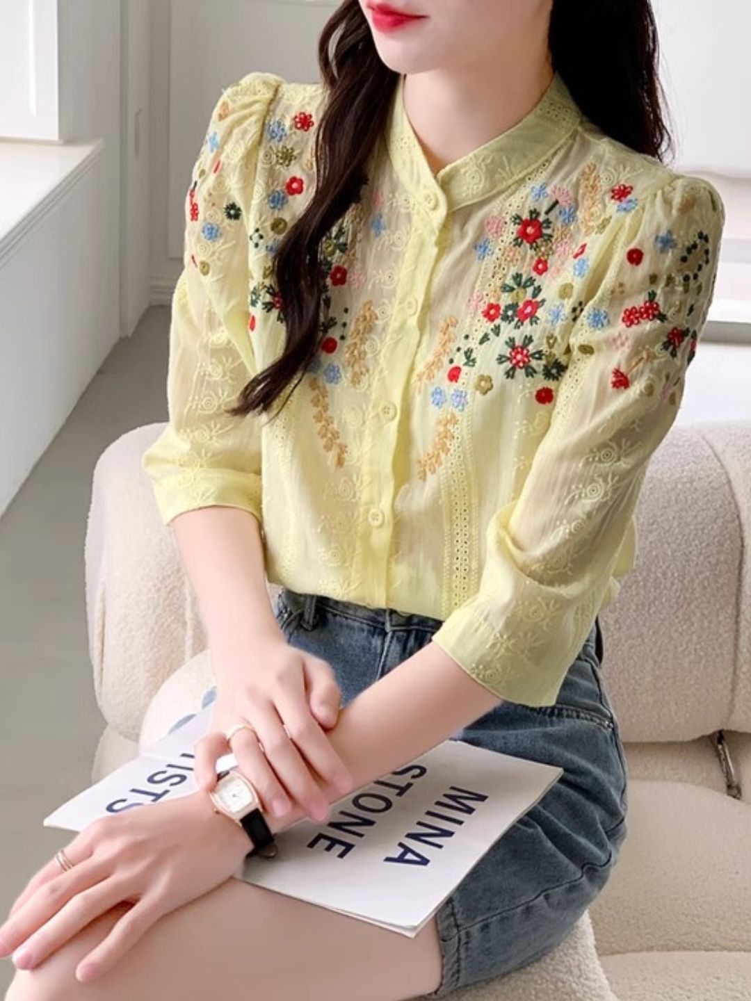 Embroidered Jacquard Stand Collar Shirt