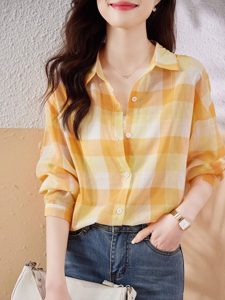 Plaid Chiffon Long Sleeve Shirt - Green