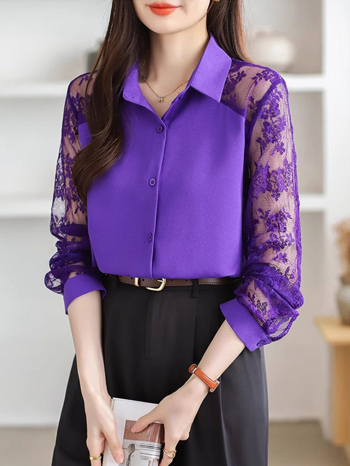 Lace Loose Lapel Chiffon Shirt - Red