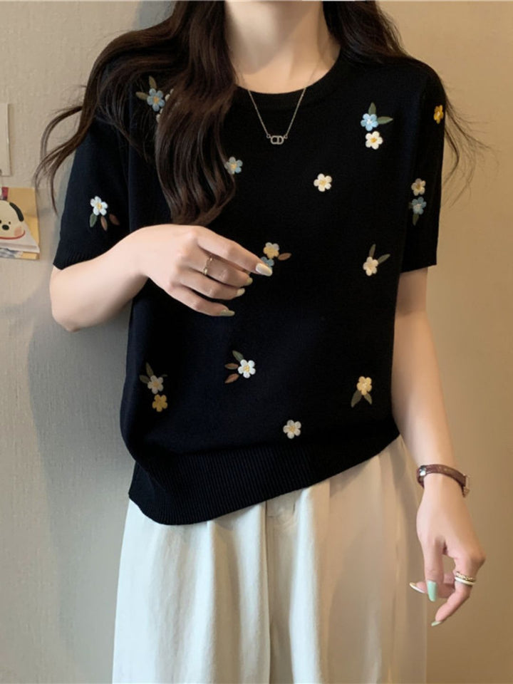 Crew Neck Embroidered Knitted Short Sleeves - Pink