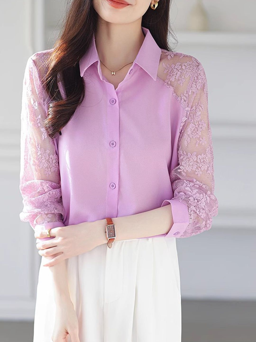 Lace Loose Lapel Chiffon Shirt - Red