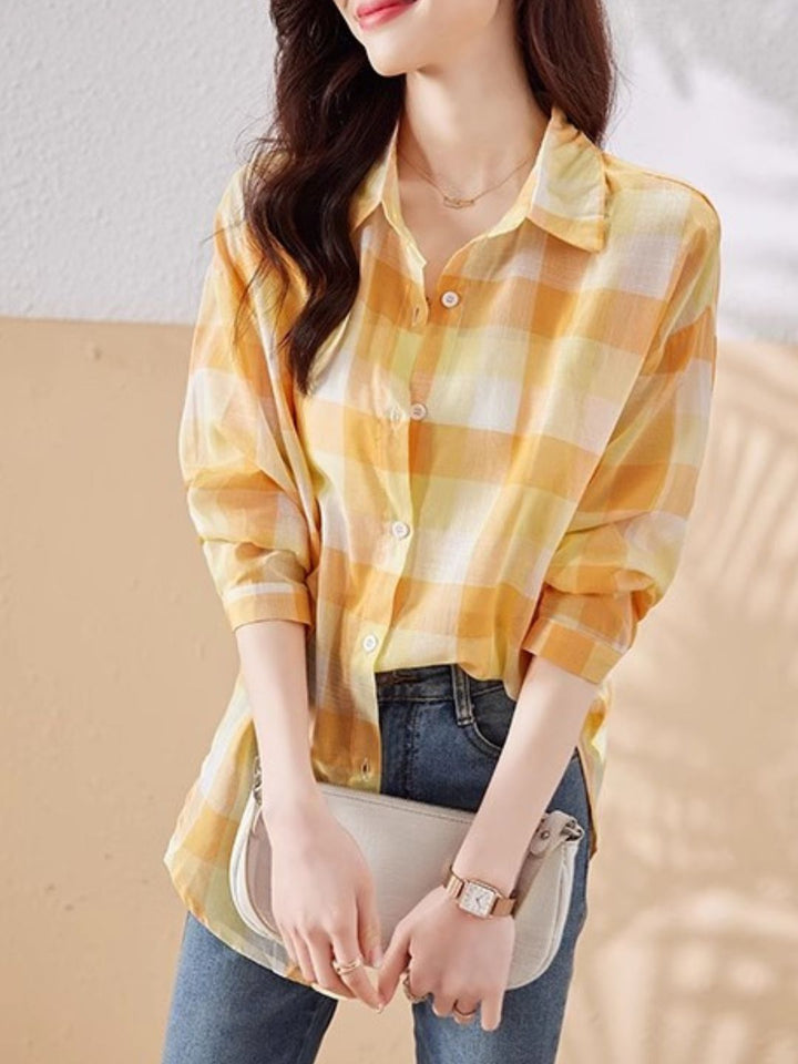 Plaid Chiffon Long Sleeve Shirt - Green