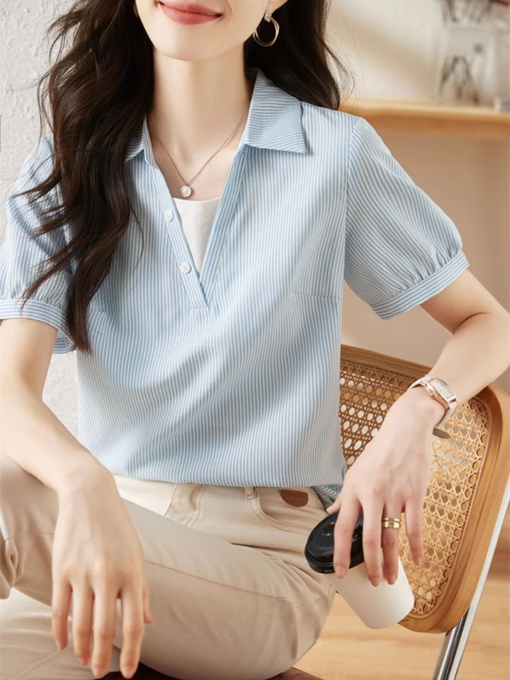 Striped Short-sleeved Lapel Shirt