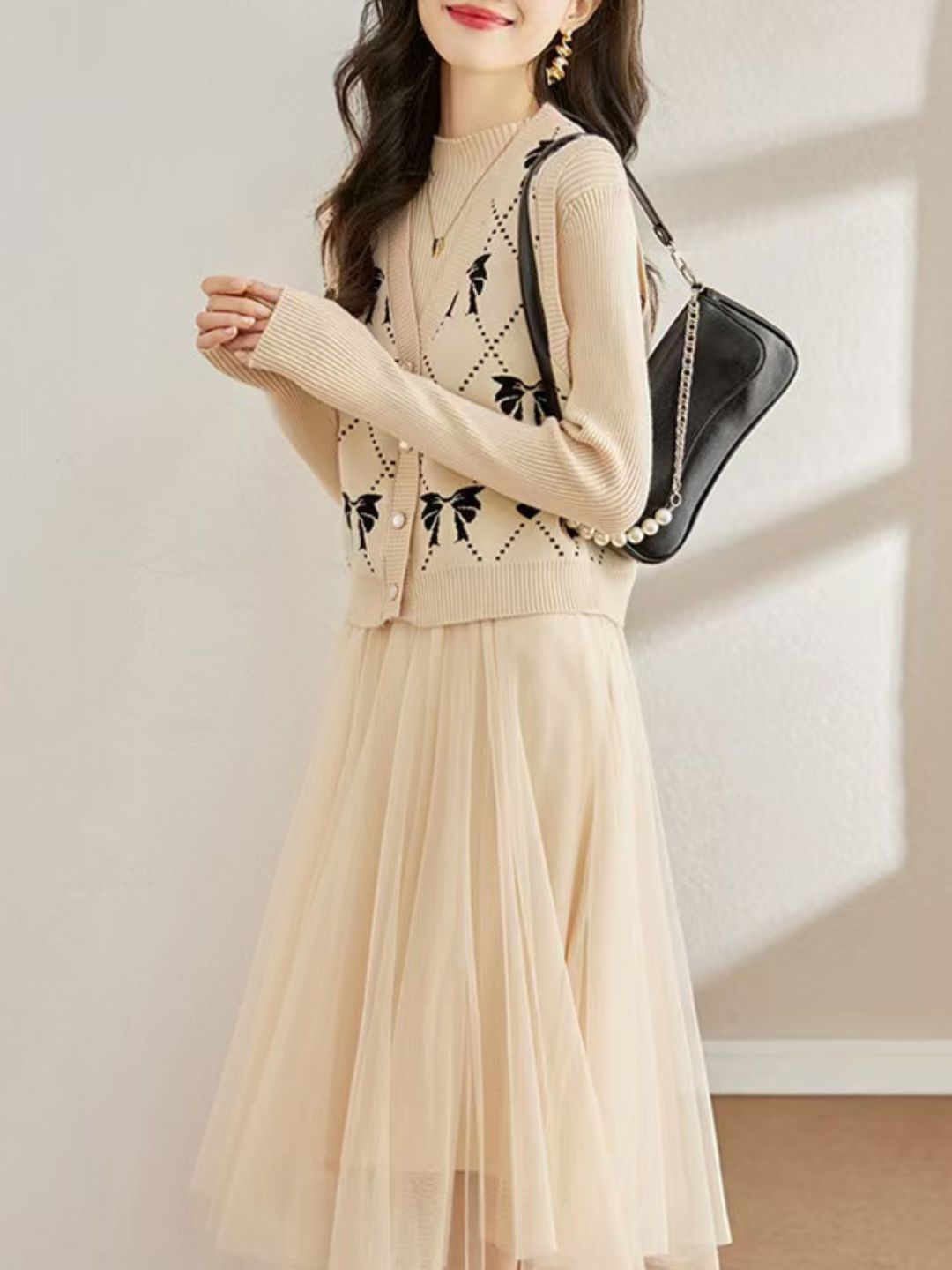 Fashion Knitted Two-piece Dress - Black