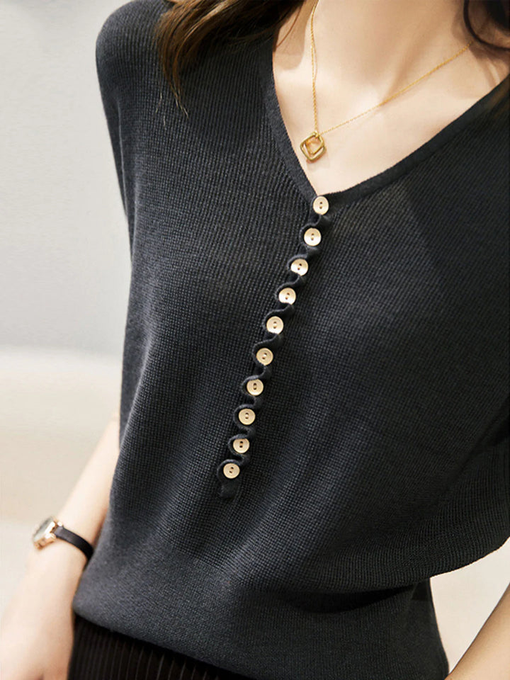 Loose V-Neck Button Knitted Top - Orange