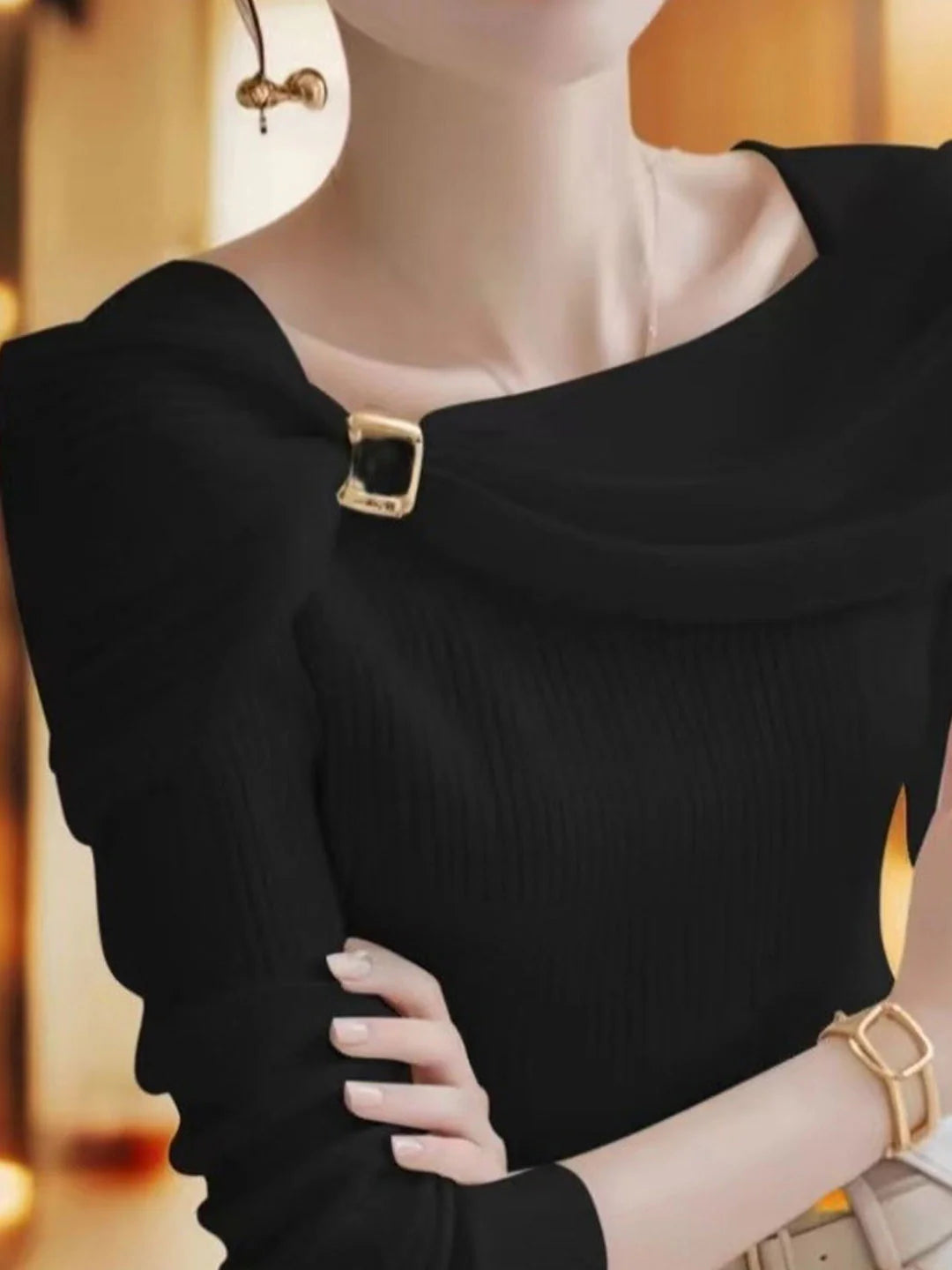 Classic One-Shoulder Solid Color Knitted Top