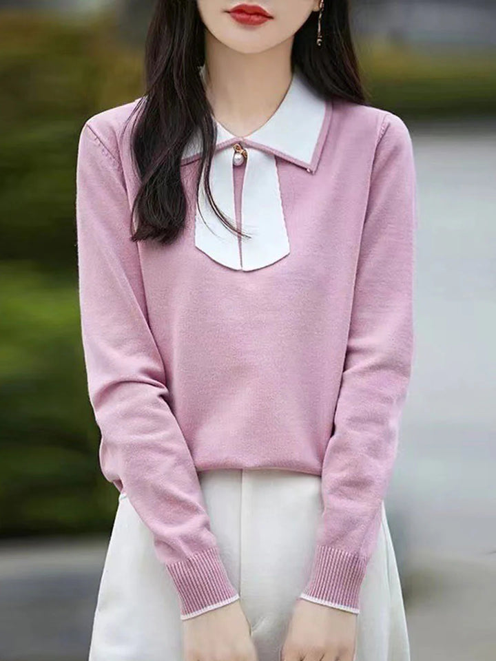 Doll Collar Bow Colorblock Knitted Top