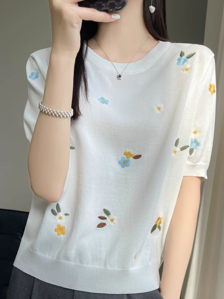Crew Neck Embroidered Knitted Short Sleeves - Pink
