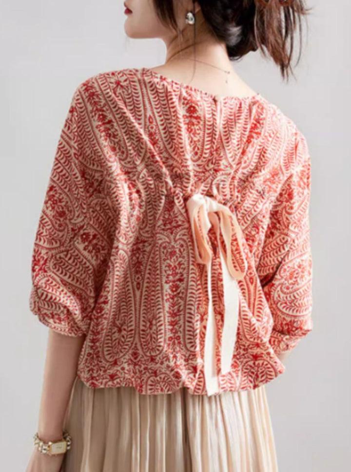 Casual Back Bow Printed Blouse