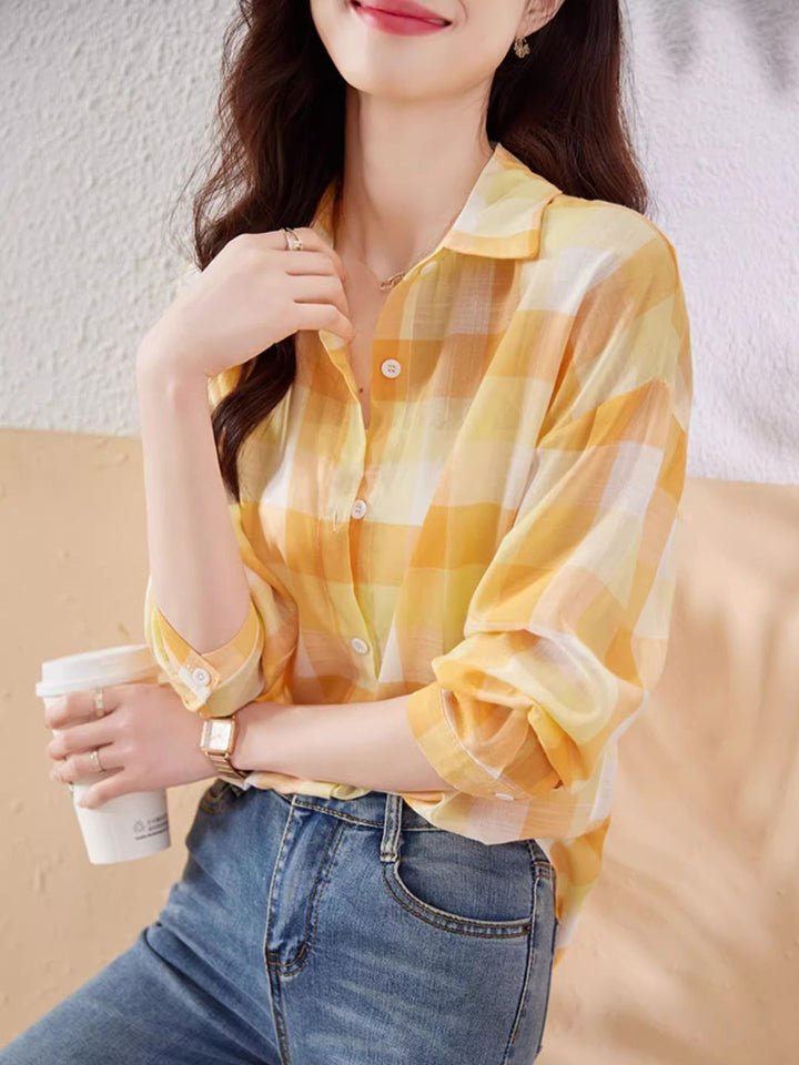 Plaid Chiffon Long Sleeve Shirt - Green