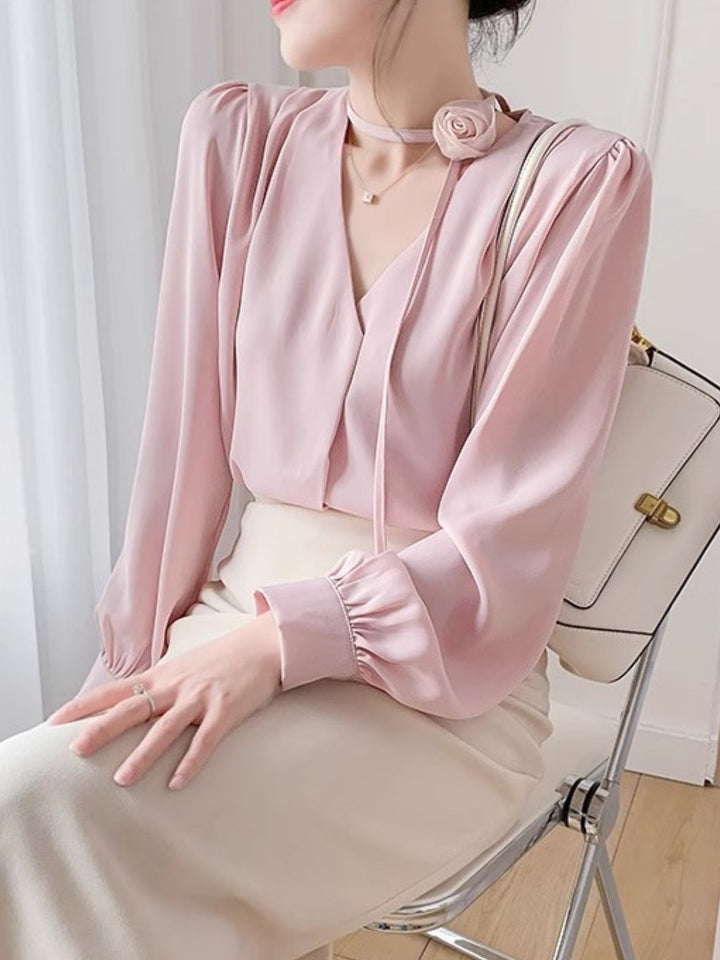 Gentle Style Rose Halter Neck Chiffon Shirt - Blue