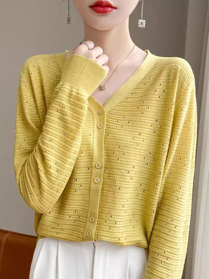 Long Sleeve V-Neck Top Hollow Knit Cardigan - Pink