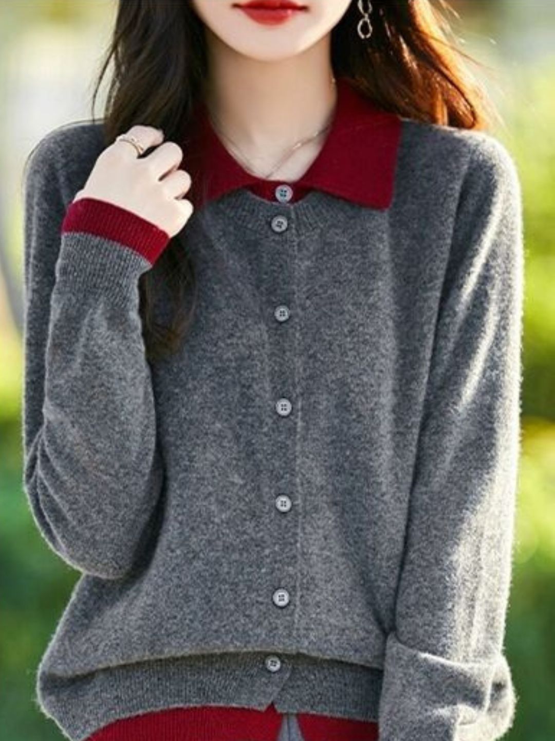 Casual Lapel Colorblock Knit Cardigan Set - Red