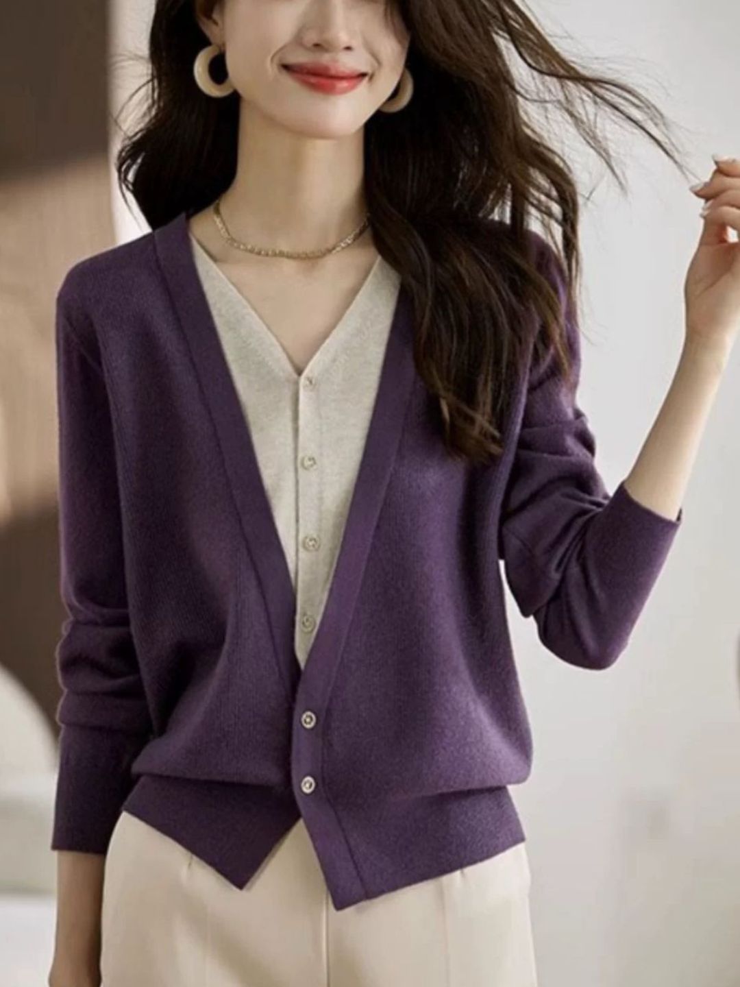 Colorblock Knitted Cardigan - Purple