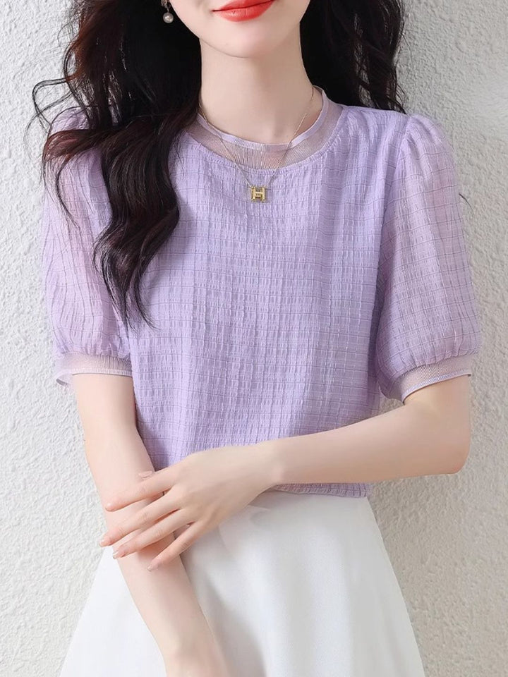 Round Neck Plaid Chiffon Shirt