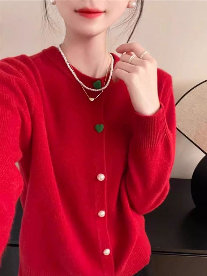 Round Neck Heart Single Breasted Knitted Cardigan -Red