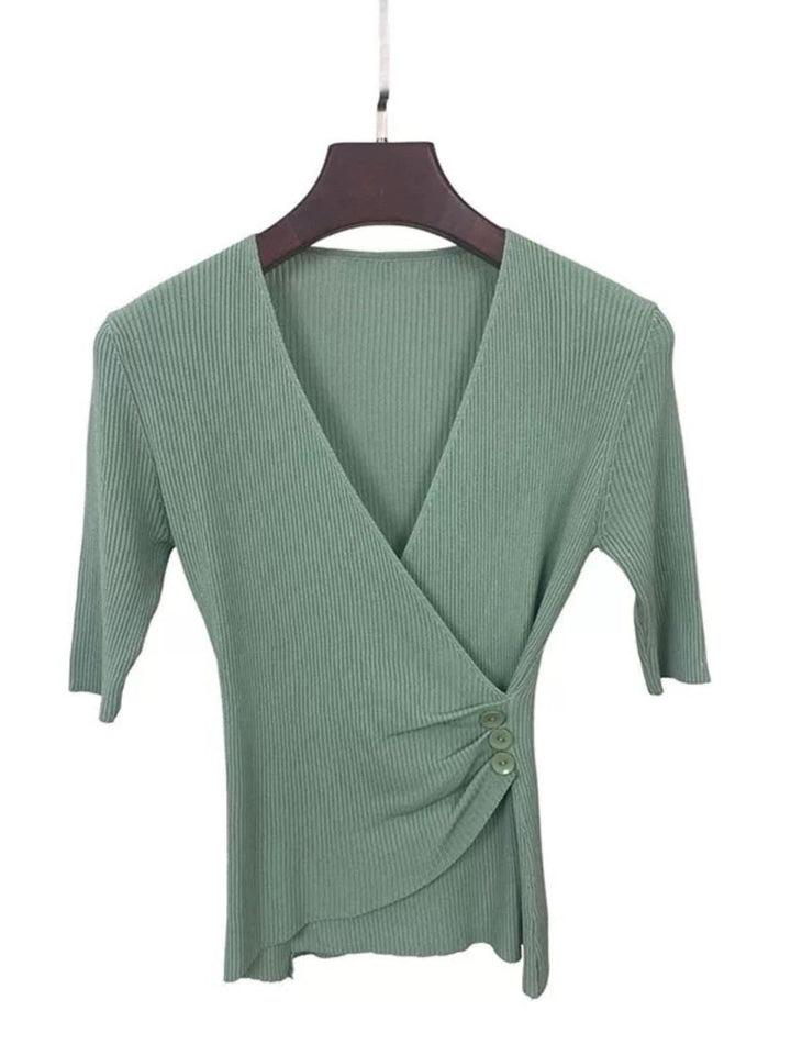 Casual V-Neck Solid Color Knitted Top - Green