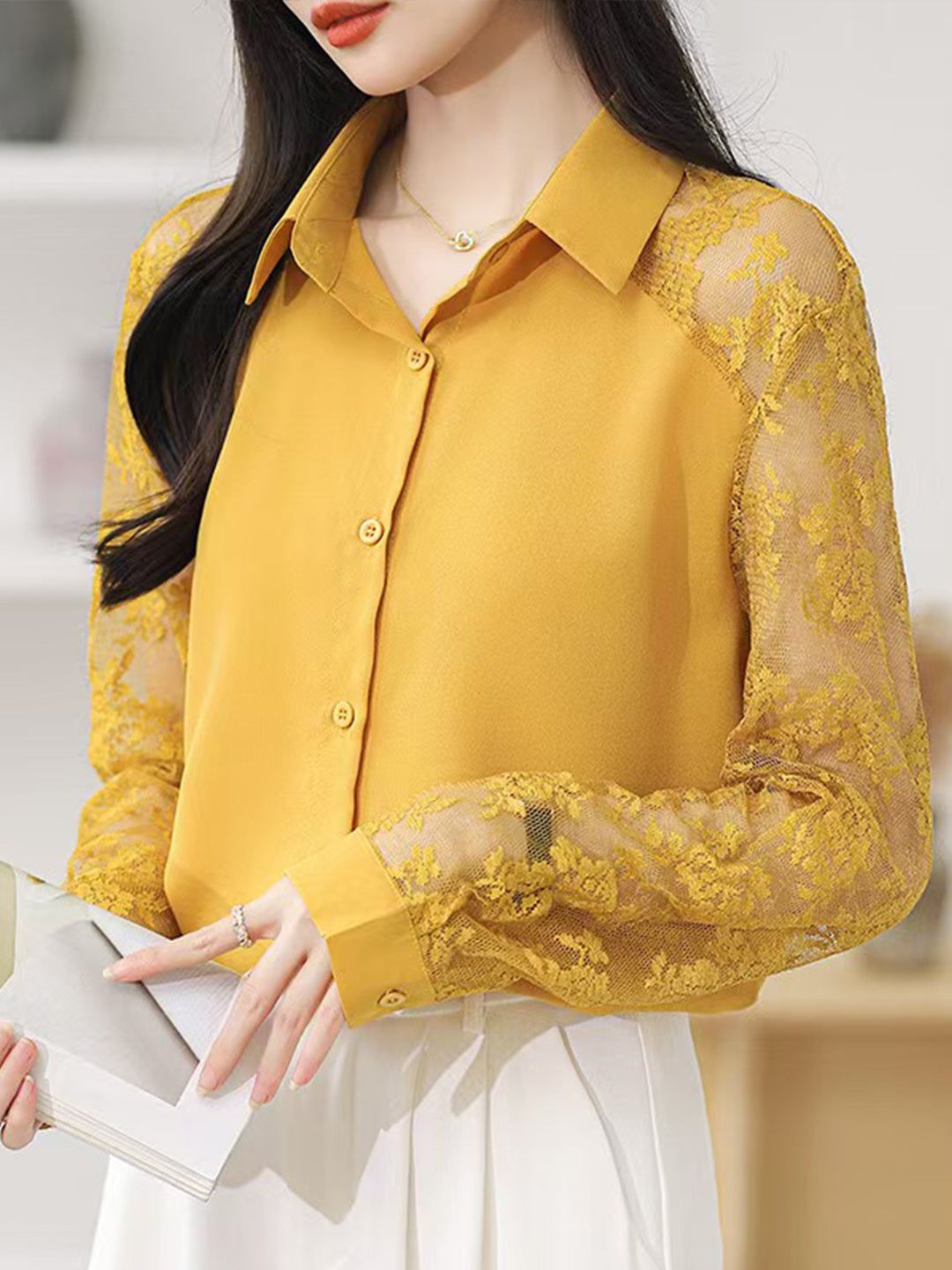 Lace Loose Lapel Chiffon Shirt - Red