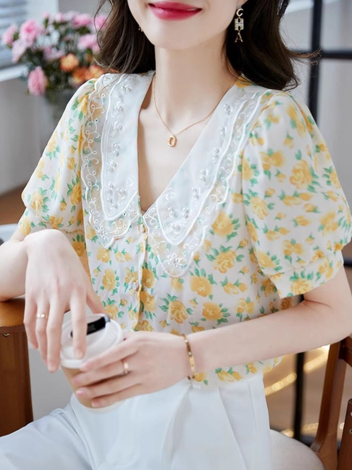 Classic Floral Printed Beaded Chiffon Shirt -Blue