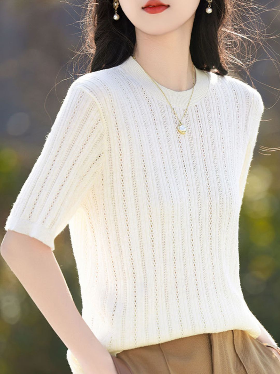 Solid Color Round Neck Thin Knitted Top