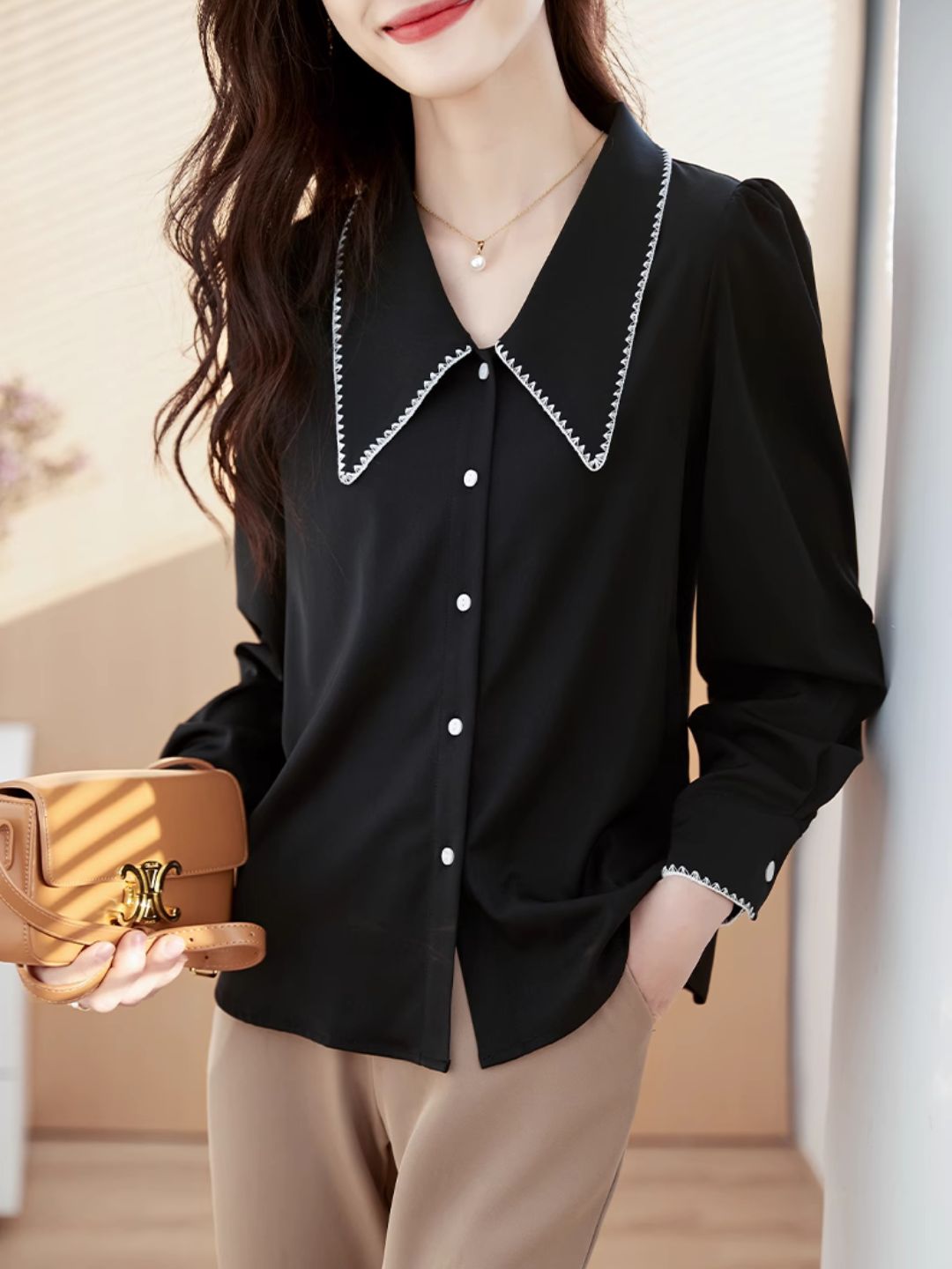 Lapel Chiffon Shirt - Black