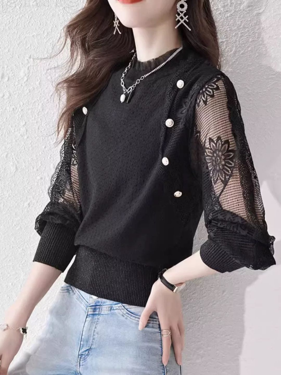Chic Thin Lace Knitted Bottoming Sweater - Green