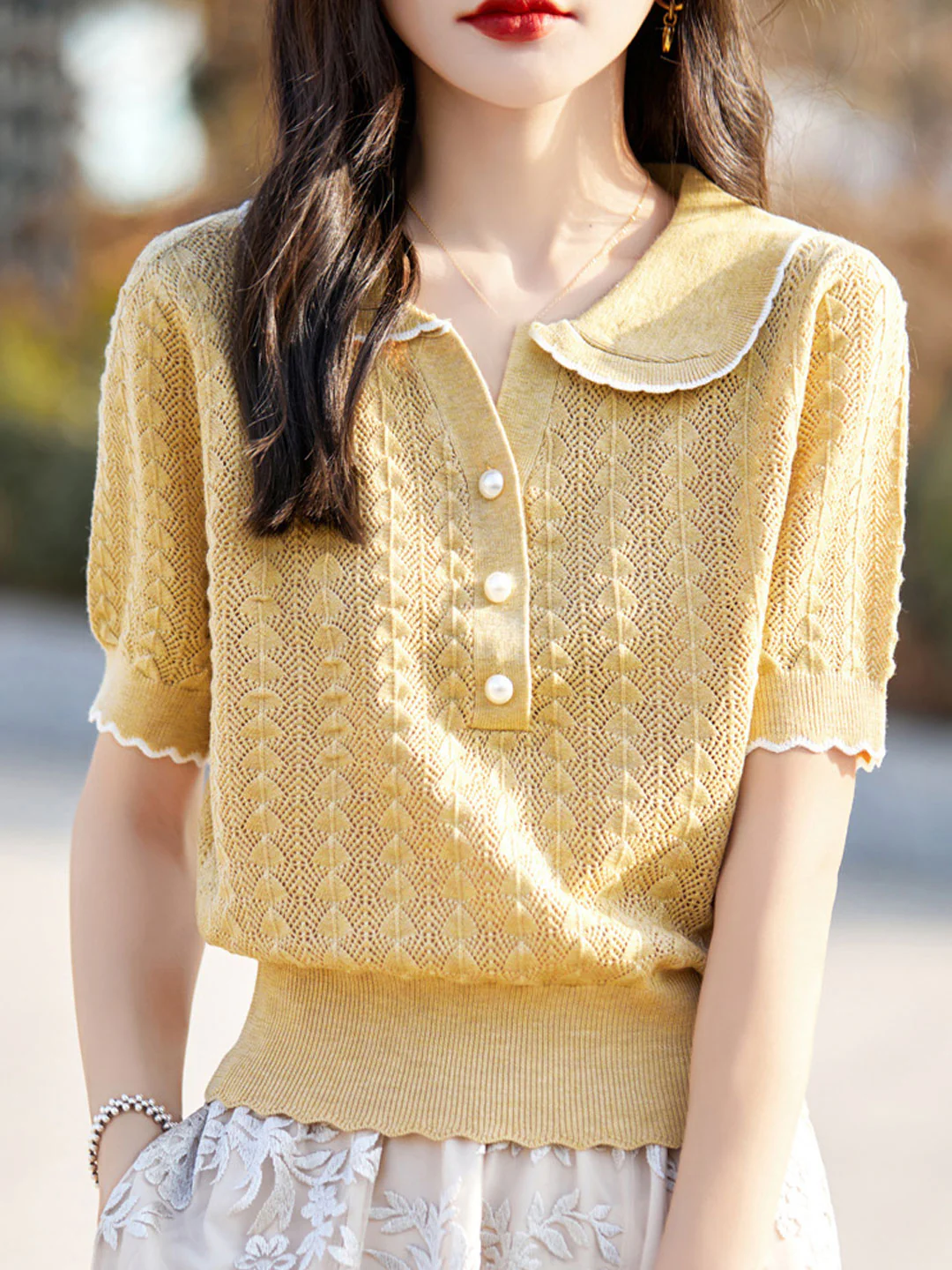 POLO Collar Hollow Short Sleeves -Pink
